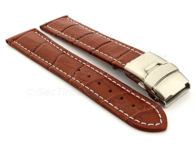 (image for) Genuine Leather Watch Strap Croco Deployment Clasp Brown / White 24mm