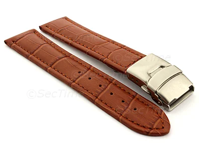 (image for) Genuine Leather Watch Strap Band Croco Deployment Clasp Brown / Brown 18mm