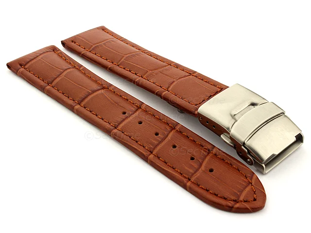 (image for) Genuine Leather Watch Strap Band Croco Deployment Clasp Brown / Brown 18mm