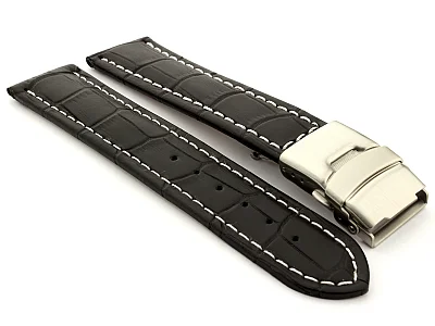(image for) Genuine Leather Watch Band Croco Deployment Clasp Black / White 22mm