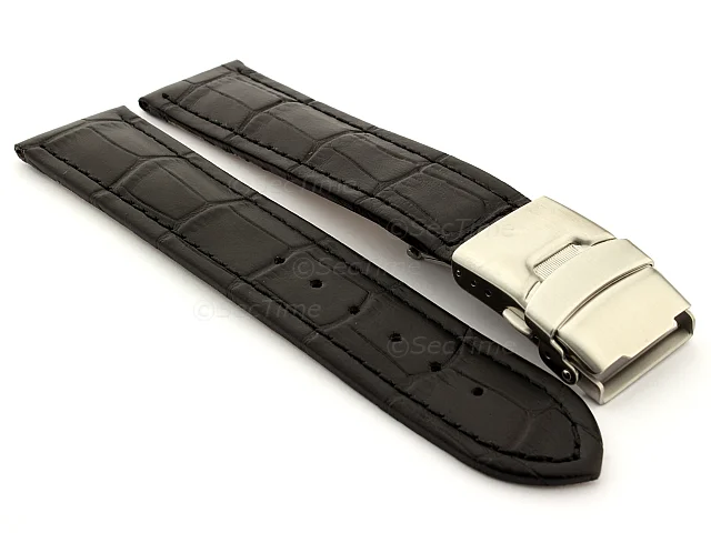 (image for) Genuine Leather Watch Strap Band Croco Deployment Clasp Black / Black 18mm