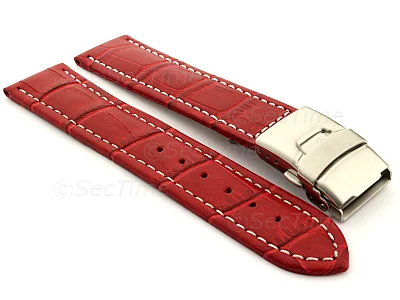 (image for) Genuine Leather Watch Strap Croco Deployment Clasp Red / White 24mm
