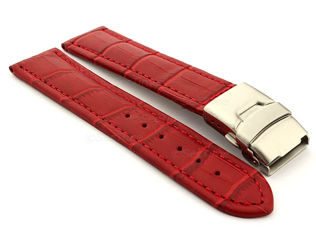 (image for) Genuine Leather Watch Strap Band Croco Deployment Clasp Red / Red 18mm