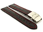 (image for) Genuine Leather Watch Strap Band Croco Deployment Clasp Black / Red 18mm