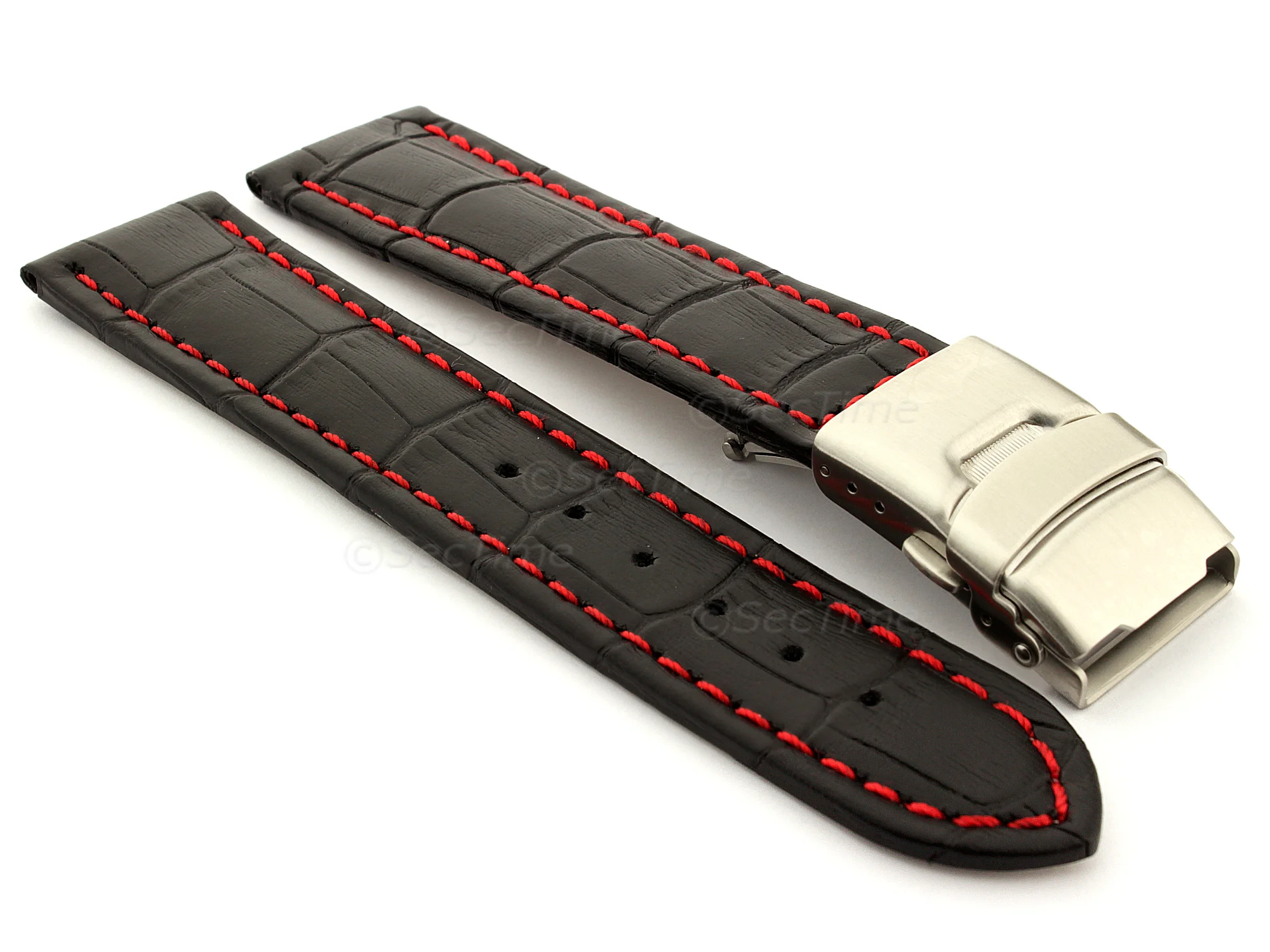 (image for) Genuine Leather Watch Band Croco Deployment Clasp Black / Red 26mm