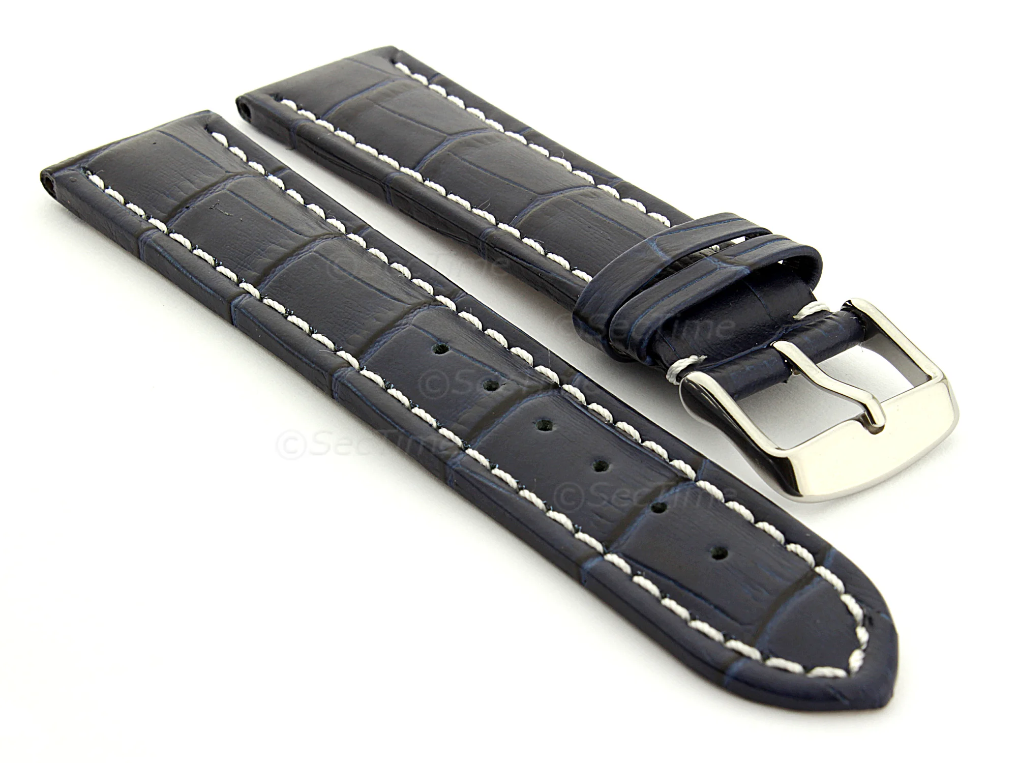 (image for) Extra Long Watch Strap Croco Navy Blue / White 18mm