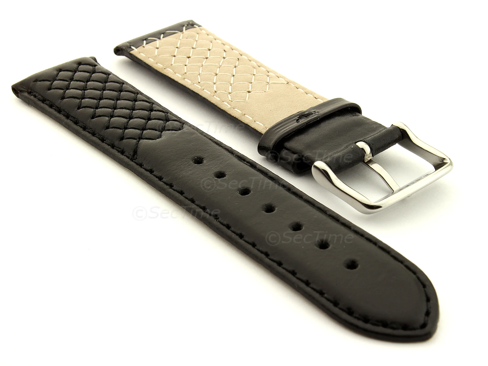 (image for) Elegant Cross Stitched Leather Watch Strap Black 20mm (1)