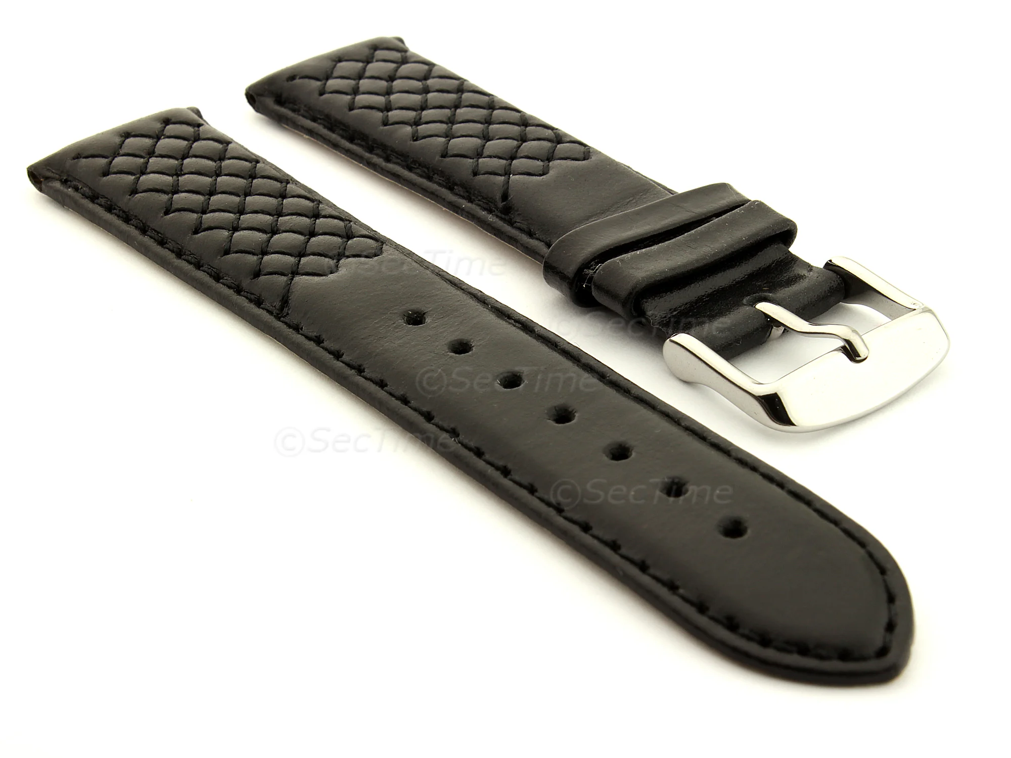 (image for) Elegant Cross Stitched Leather Watch Strap Black 20mm