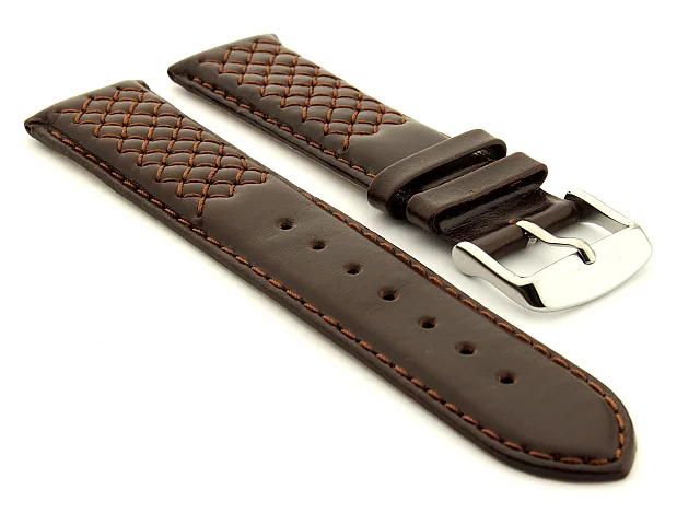Elegant Cross Stitched Leather Watch Strap Dark Brown 20mm (image for) Elegant Cross Stitched Leather Watch Strap Dark Brown 20mm