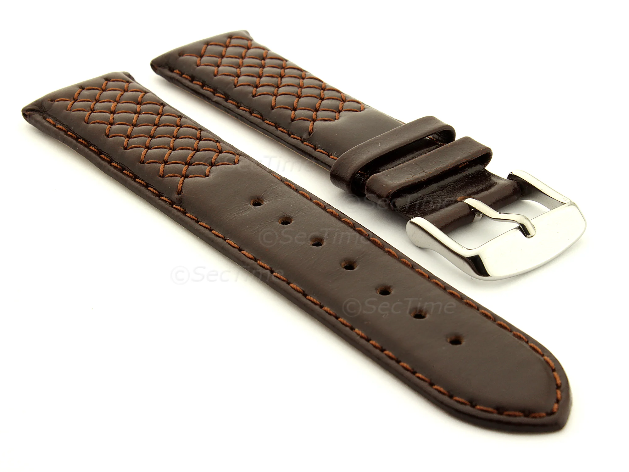 (image for) Elegant Cross Stitched Leather Watch Strap Dark Brown 20mm