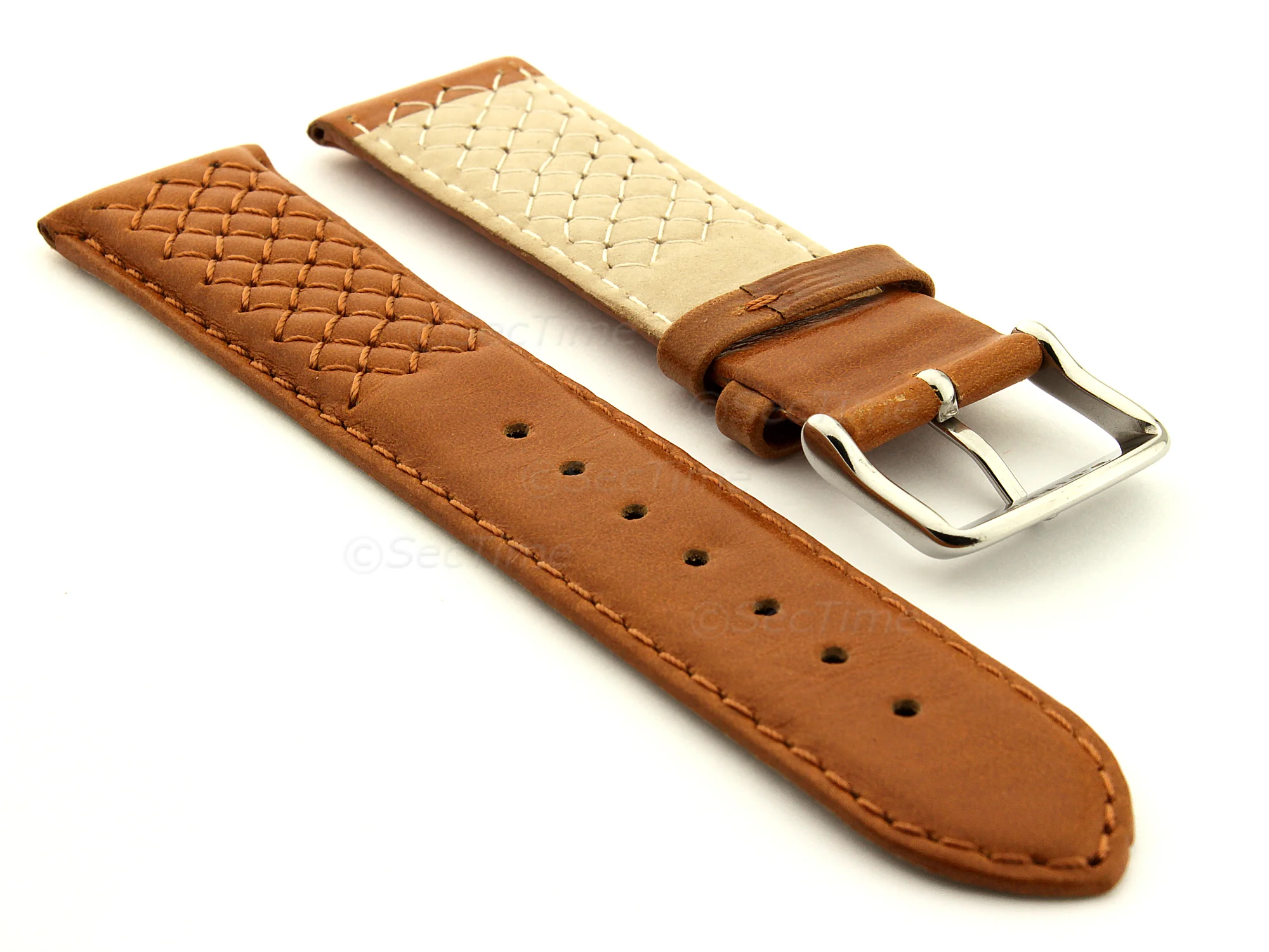 (image for) Elegant Cross Stitched Leather Watch Strap Brown 20mm (1)