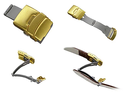 (image for) Brushed Yellow Gold-Coloured Stainless Steel Watch Strap Deployant Clasp 16mm (1)