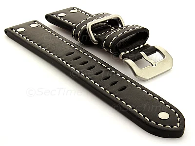 (image for) Riveted Leather Watch Strap FIGHTER Black / White 22mm