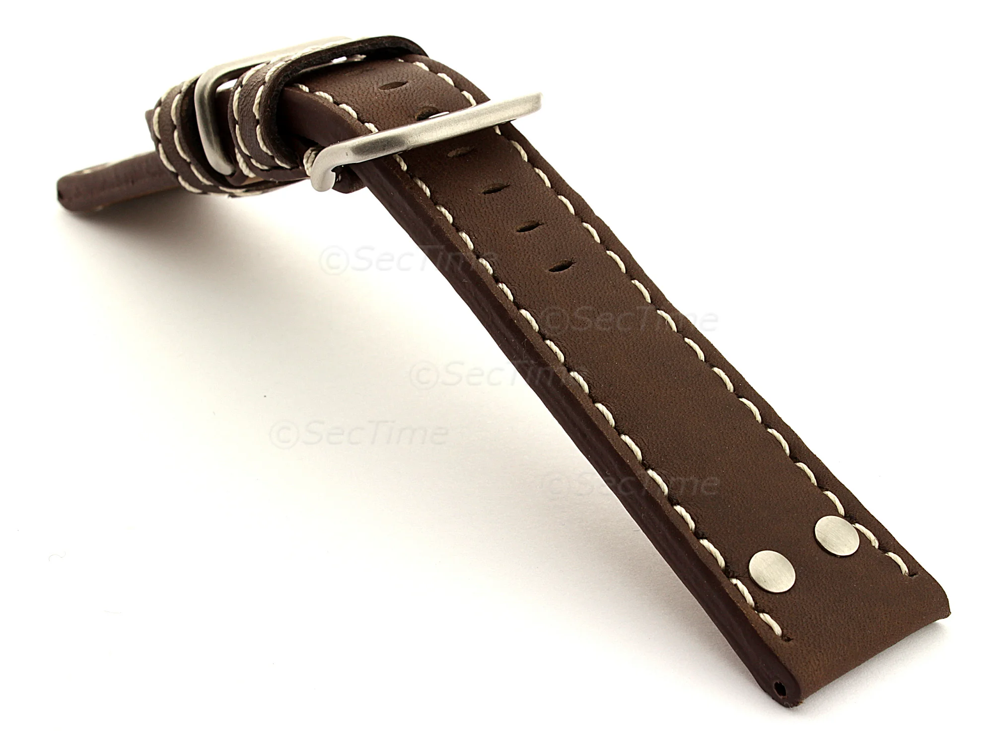 (image for) Riveted Leather Watch Strap FIGHTER Dark Brown / White 20mm (1)