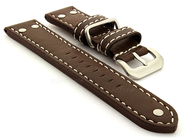 (image for) Riveted Leather Watch Strap FIGHTER Dark Brown / White 20mm