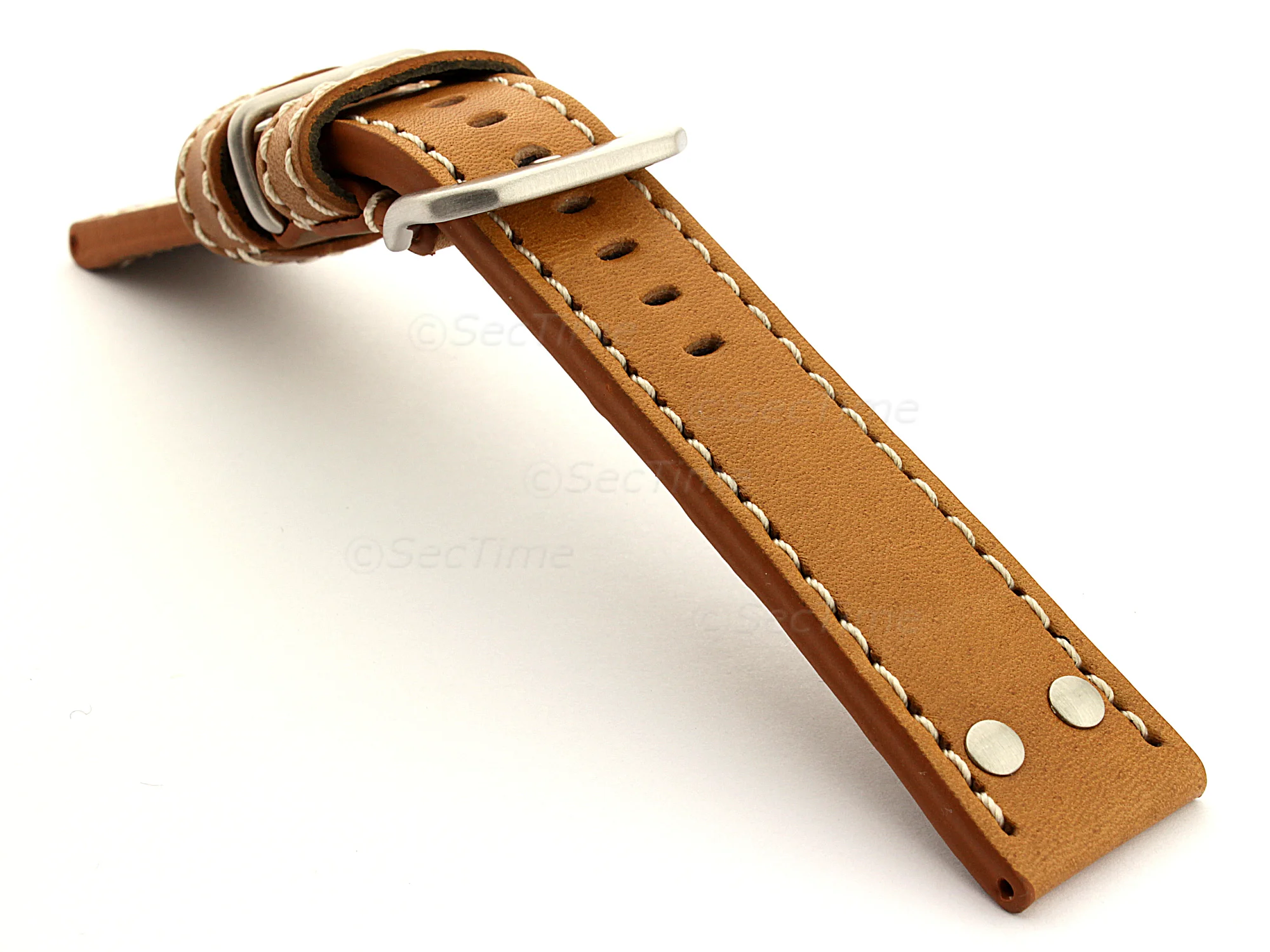 (image for) Riveted Leather Watch Strap FIGHTER Brown (Tan) / White 20mm (1)