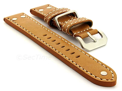 (image for) Riveted Leather Watch Strap FIGHTER Brown (Tan) / White 24mm