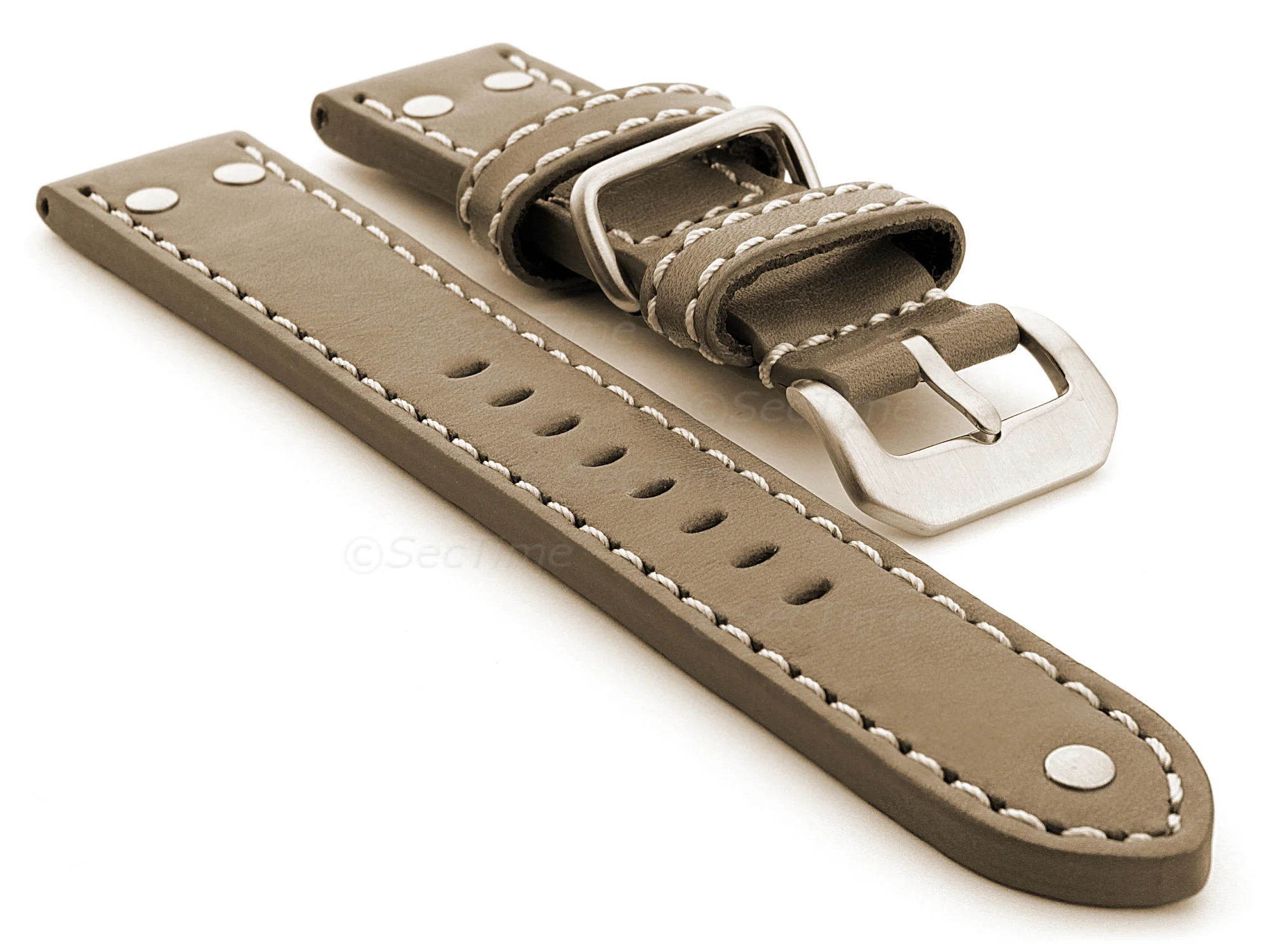 (image for) Riveted Leather Watch Strap FIGHTER Beige / White 20mm