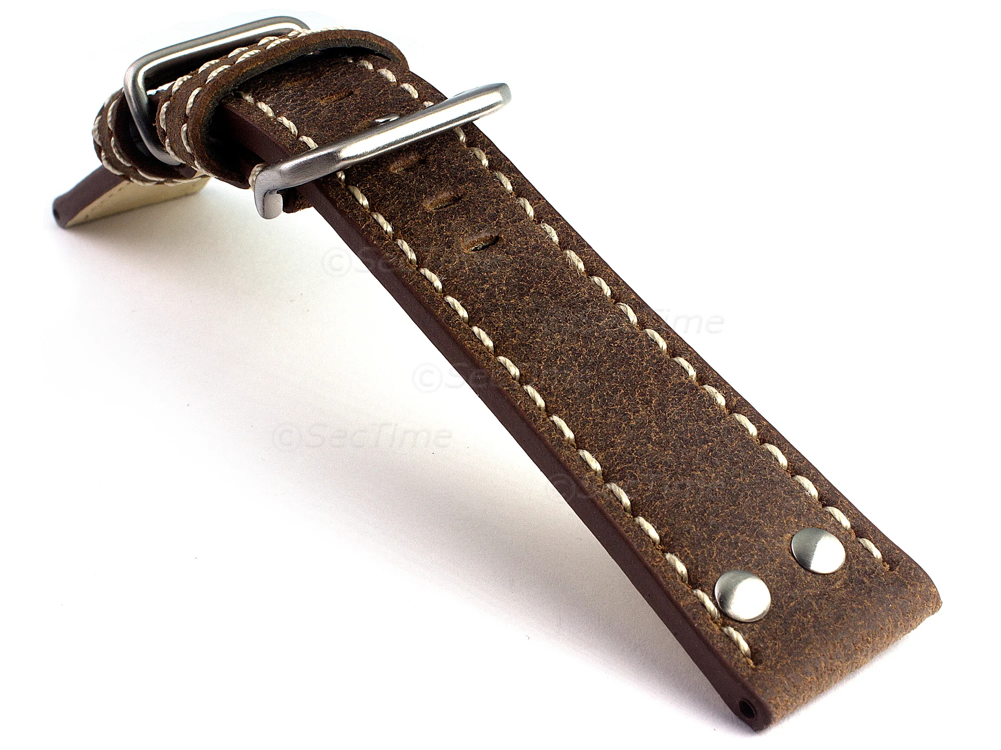 (image for) Riveted Leather Watch Strap FIGHTER Antique / White 20mm (1)