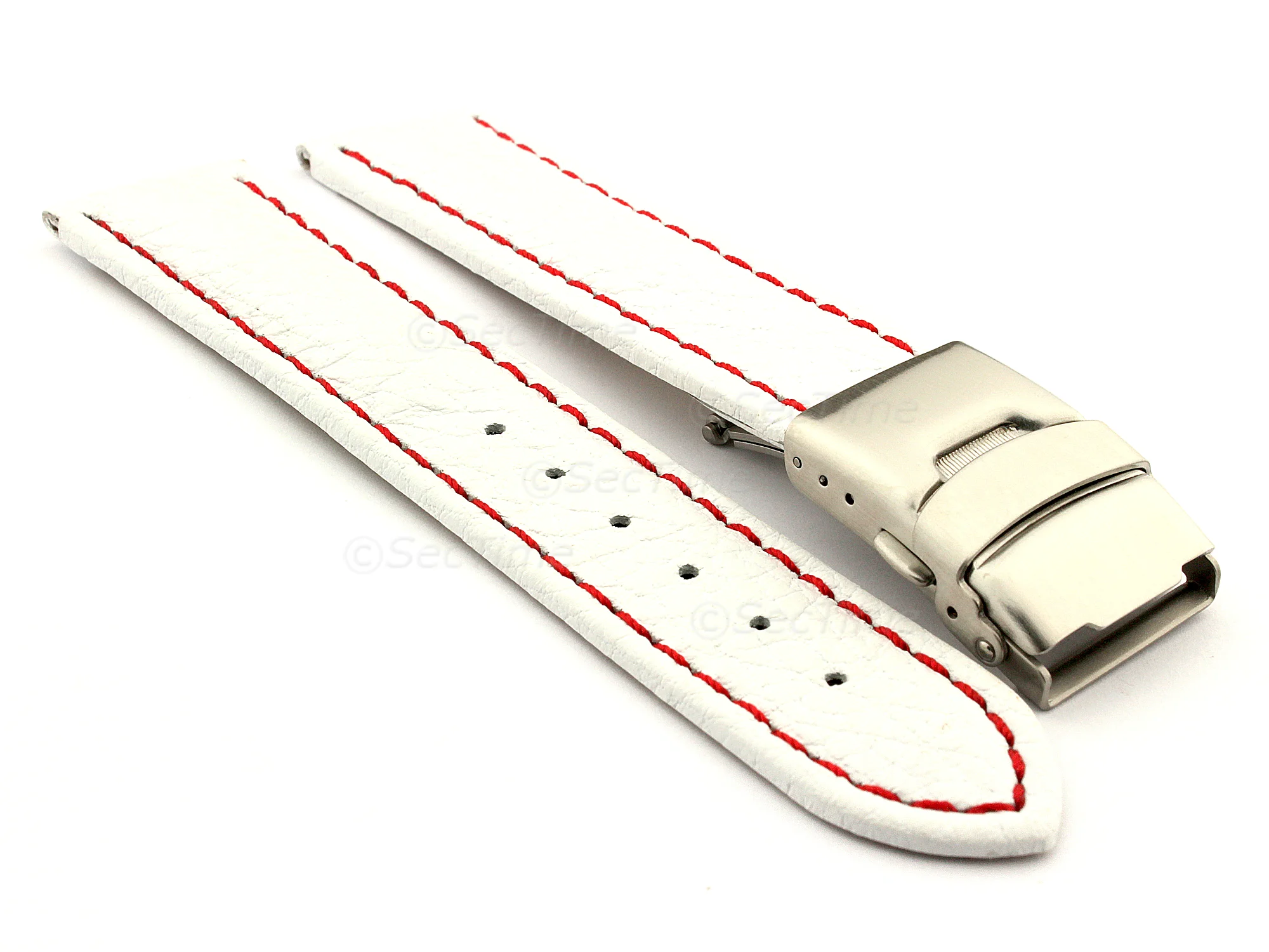 (image for) Genuine Leather Watch Strap Freiburg Deployment Clasp White / Red 20mm