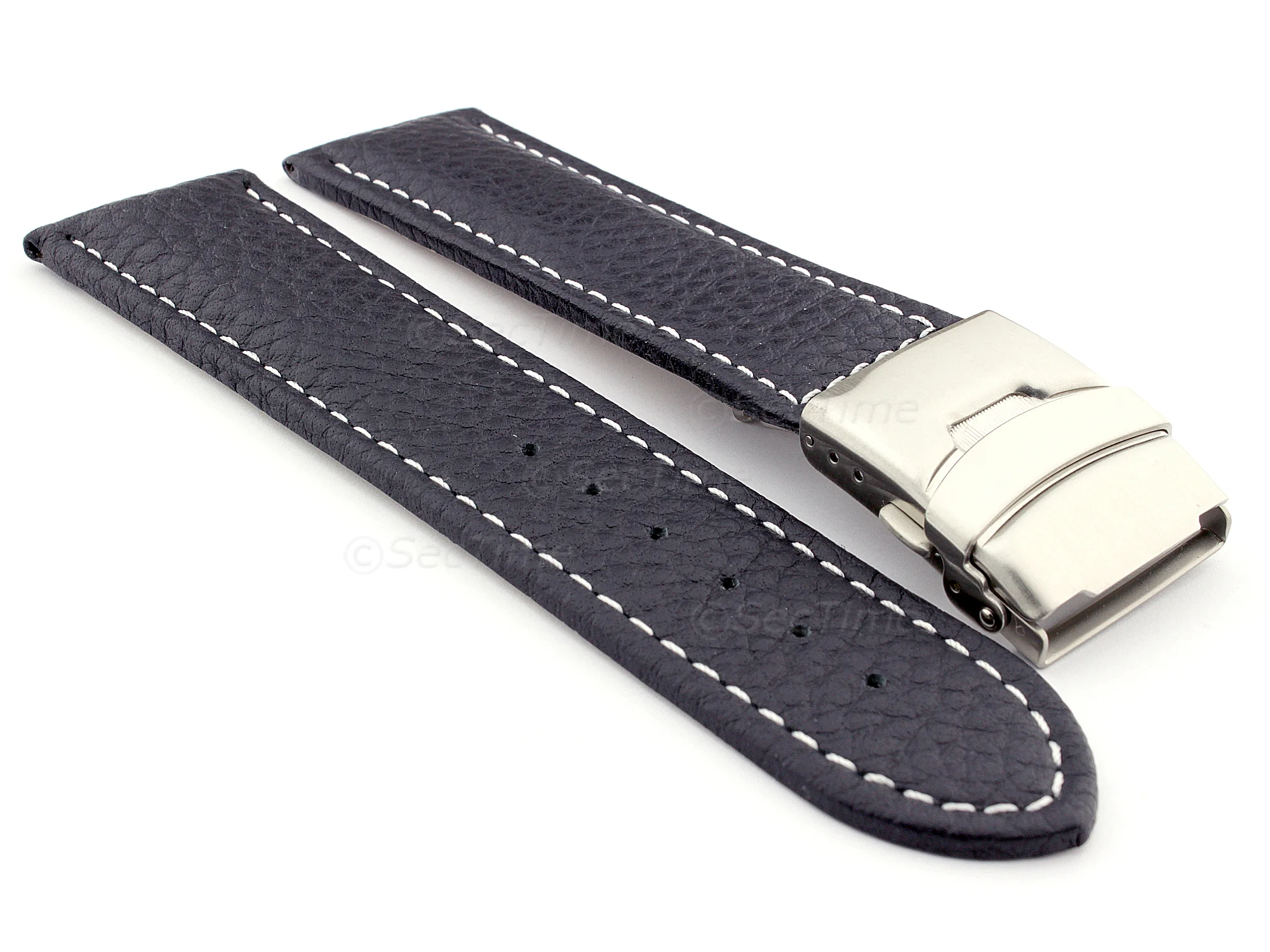 (image for) Genuine Leather Watch Strap Freiburg Deployment Clasp Navy Blue / White 18mm