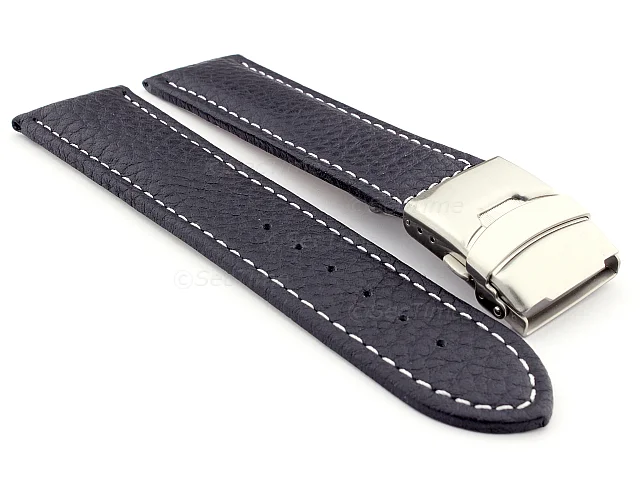 (image for) Genuine Leather Watch Strap Freiburg Deployment Clasp Navy Blue / White 18mm