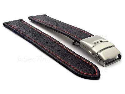 (image for) Genuine Leather Watch Strap Freiburg Deployment Clasp Black / Red 26mm