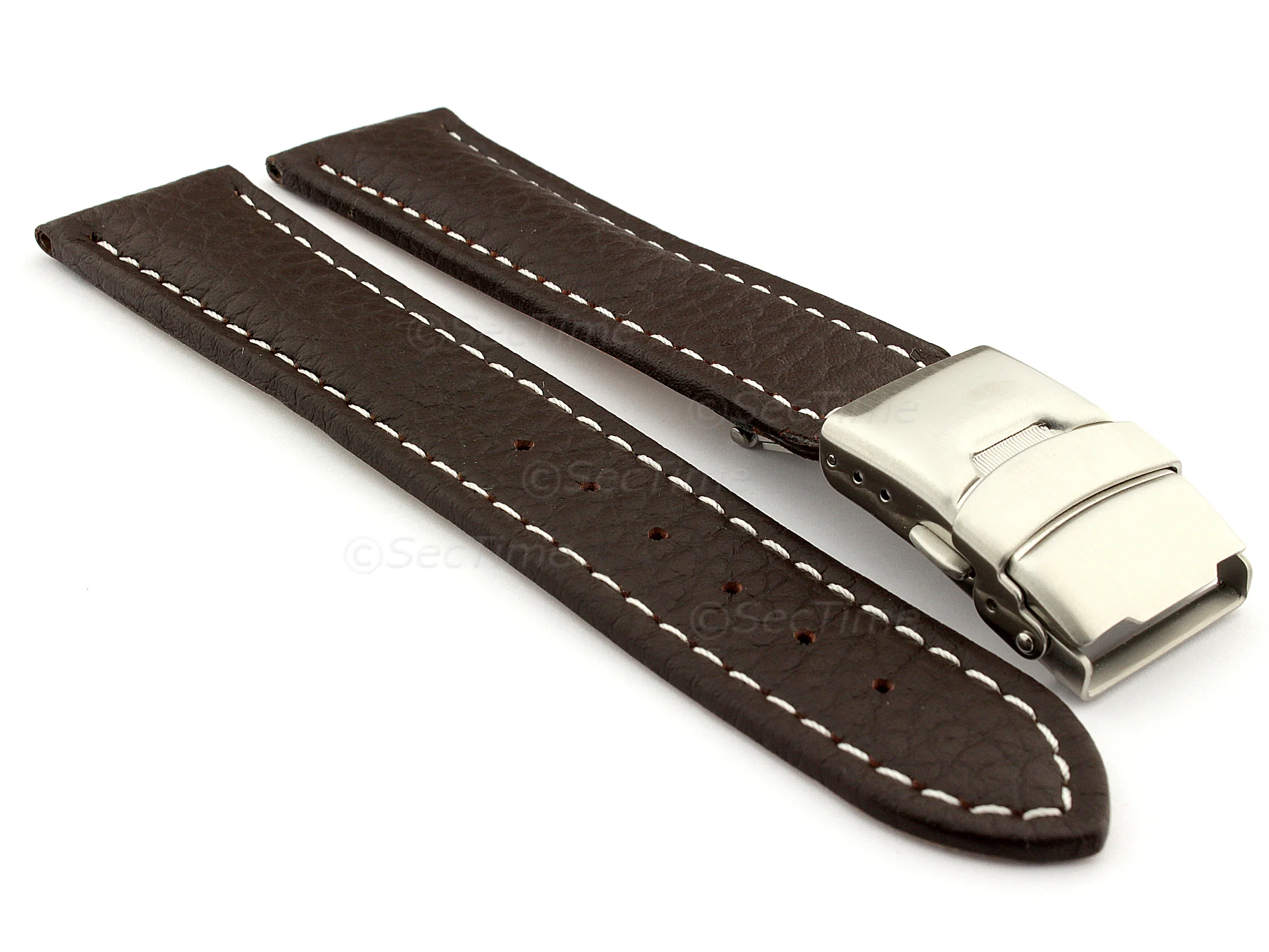 (image for) Genuine Leather Watch Strap Freiburg Deployment Clasp Dark Brown / White 18mm