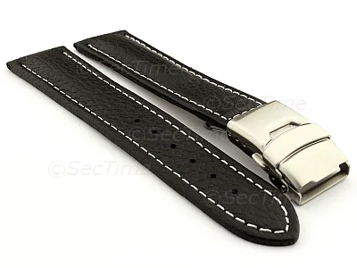 (image for) Genuine Leather Watch Strap Freiburg Deployment Clasp Black / White 18mm