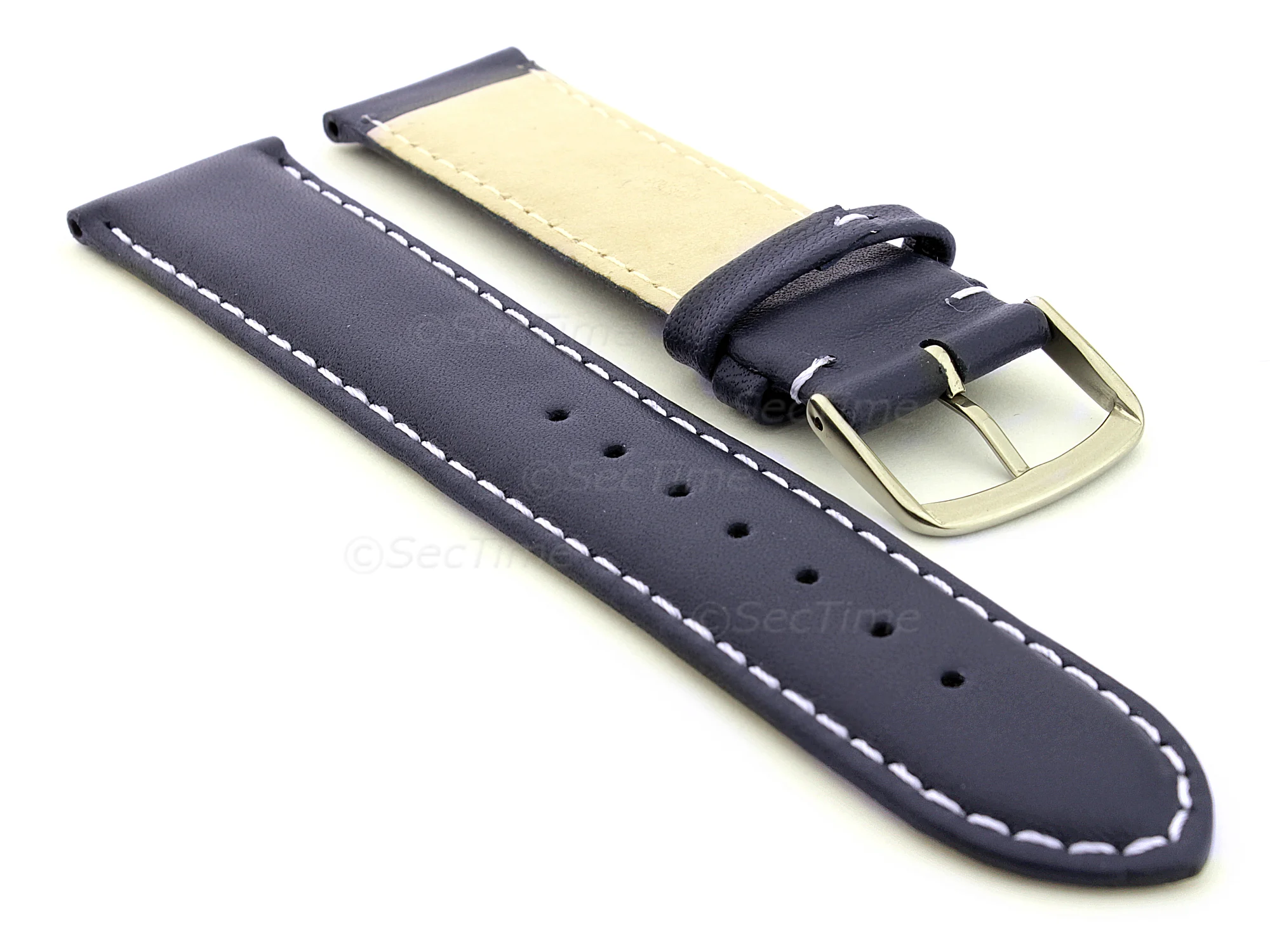 (image for) Genuine Leather Watch Strap Genk Navy Blue / White 17mm (1)