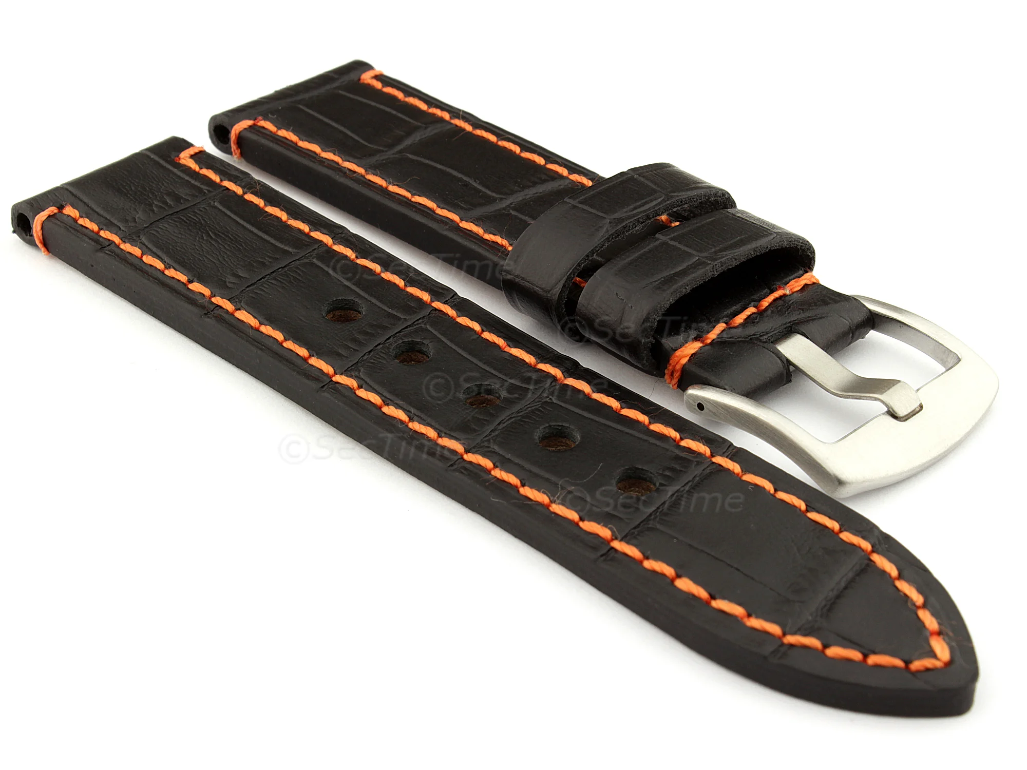 (image for) Genuine Leather Watch Strap CROCO GRAND PANOR Black/Orange 22mm