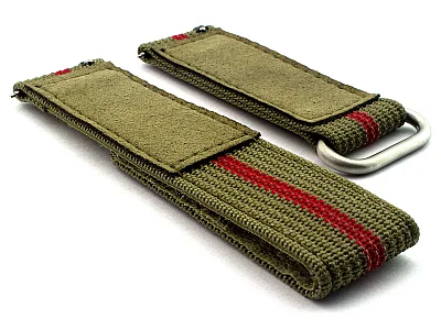 (image for) Quick Release Watch Strap Ribbed Nylon Hook & Loop TP Olive Green/Red (3) 20mm (1)