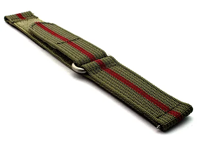 (image for) Quick Release Watch Strap Ribbed Nylon Hook & Loop TP Olive Green/Red (3) 20mm (2)