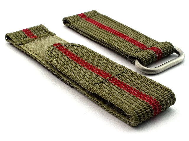 (image for) Quick Release Watch Strap Ribbed Nylon Hook & Loop TP Olive Green/Red (3) 20mm