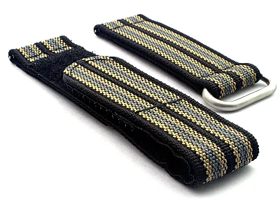 (image for) Quick Release Watch Strap Ribbed Nylon Hook & Loop TP Black/Beige/Grey (9) 18mm