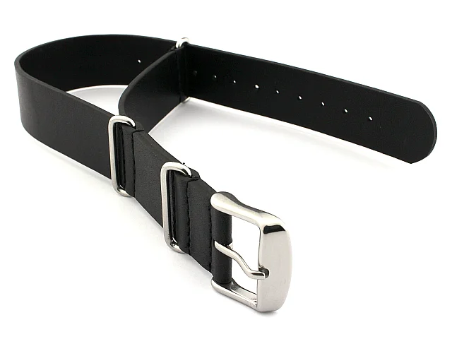 (image for) Leather NATO Watch Strap Band (3 rings) Black 20mm