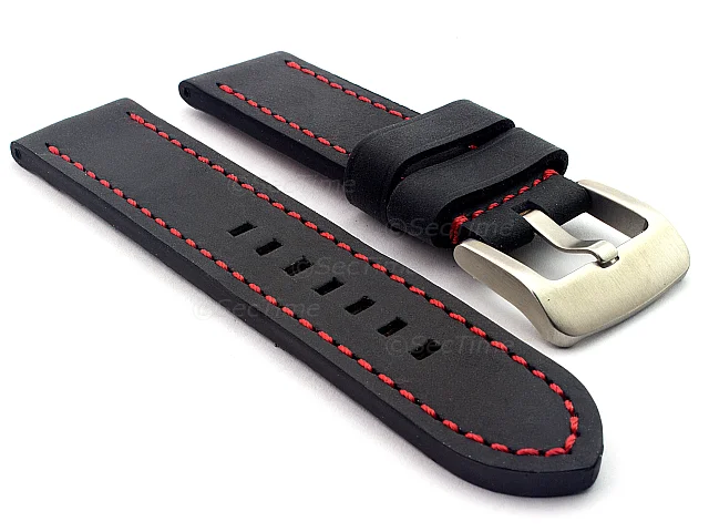 (image for) Leather Watch Strap Marina Matte Black/Red 26mm