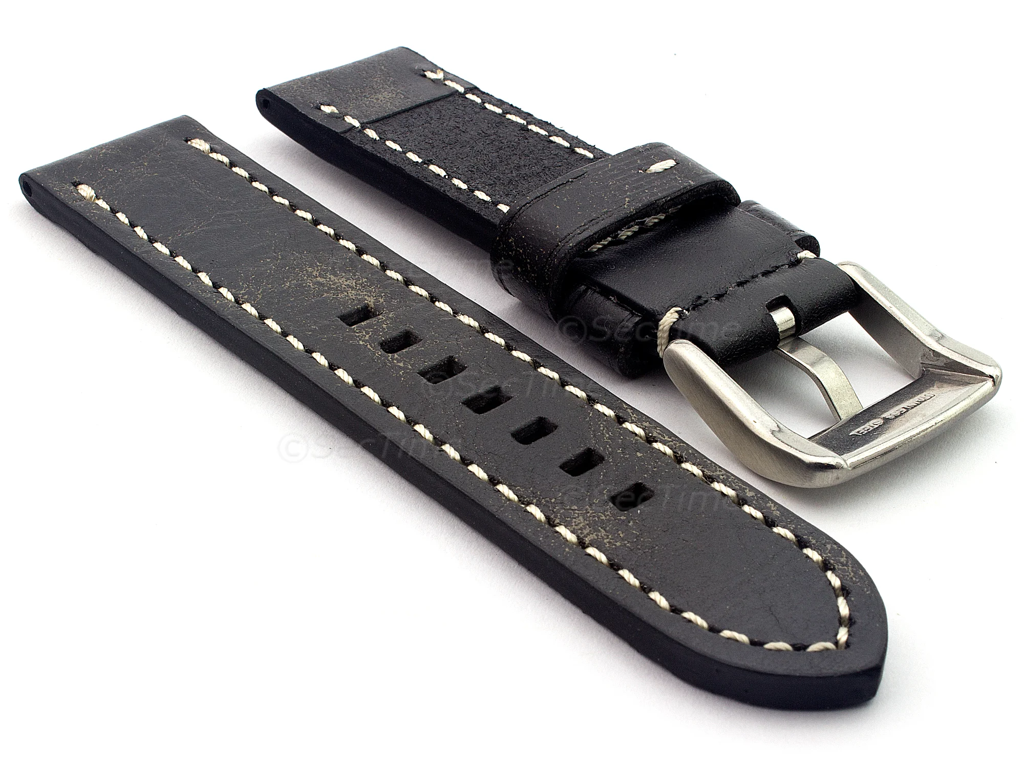 (image for) Leather Watch Strap Marina Matte Retro Black 26mm (1)