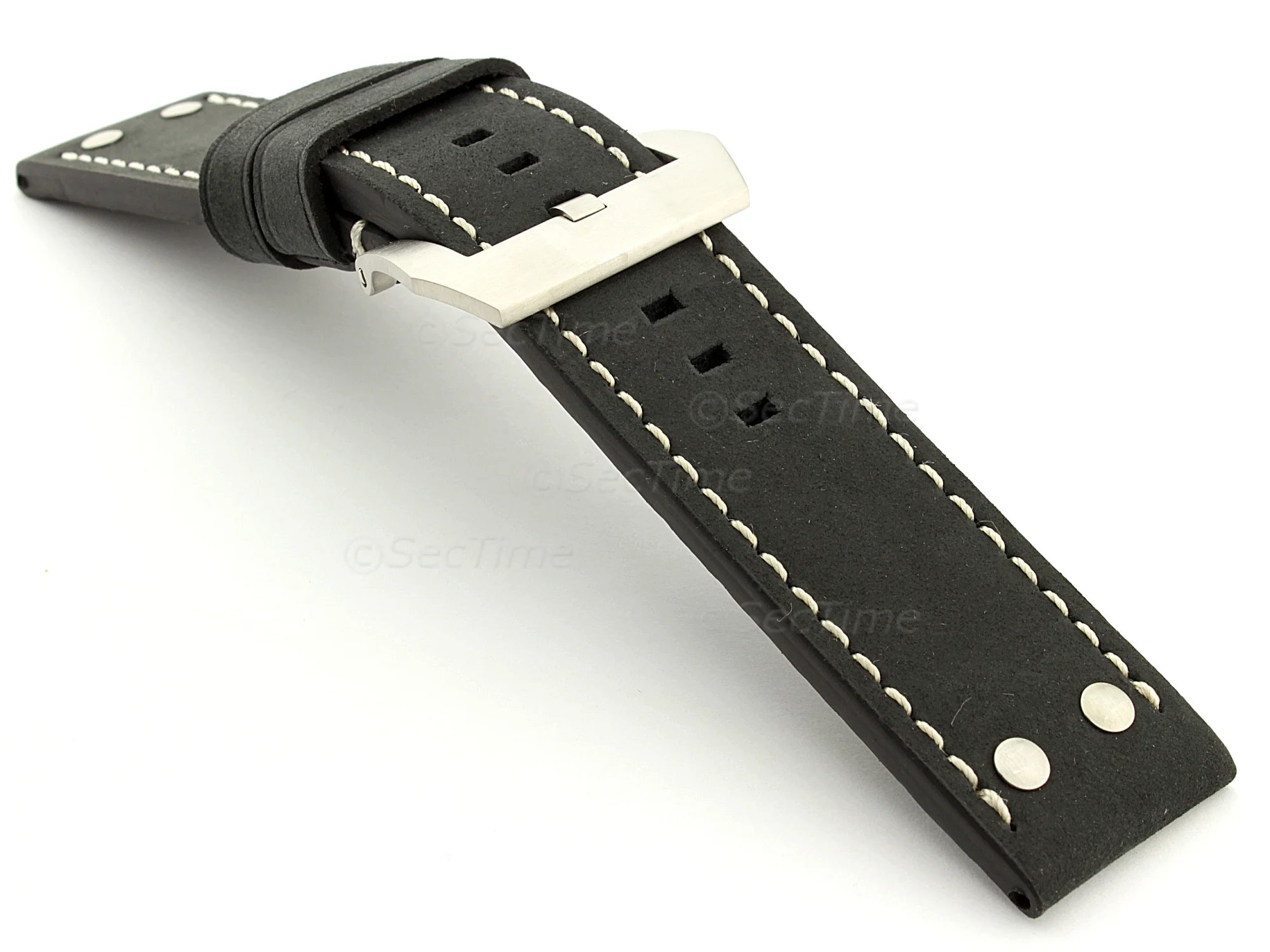 (image for) Leather Watch Band Marina with Rivets fits Panerai Matte Black 26mm (1)