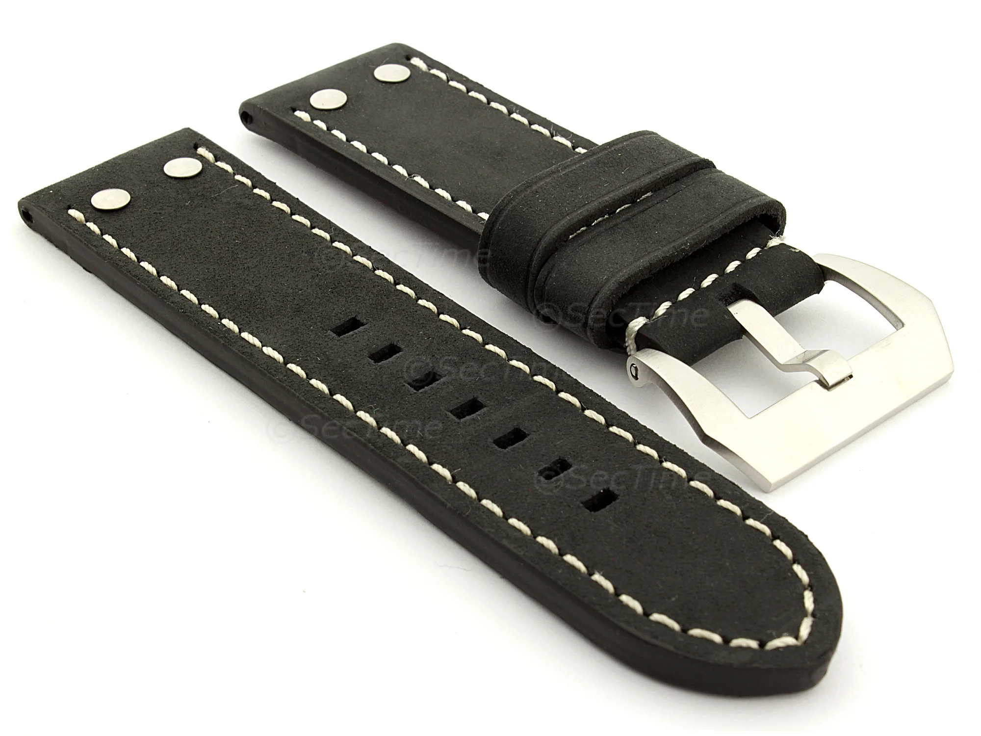 (image for) Leather Watch Band Marina with Rivets fits Panerai Matte Black 26mm