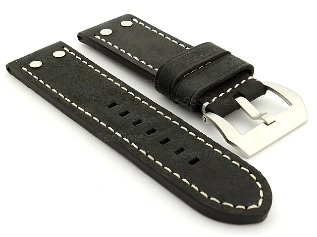 (image for) Leather Watch Band Marina with Rivets fits Panerai Matte Black 26mm