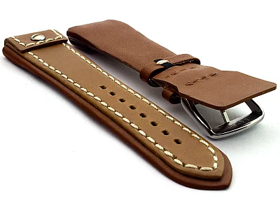 (image for) Military Style Leather Watch Strap, Fixed Lugs with Screw Brown/White 22mm (1)