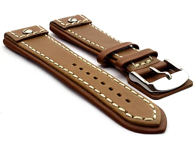 (image for) Military Style Leather Watch Strap, Fixed Lugs with Screw Brown/White 20mm