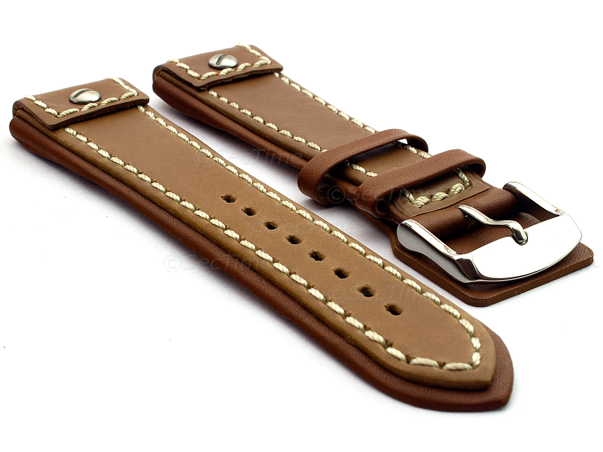(image for) Military Style Leather Watch Strap, Fixed Lugs with Screw Brown/White 22mm