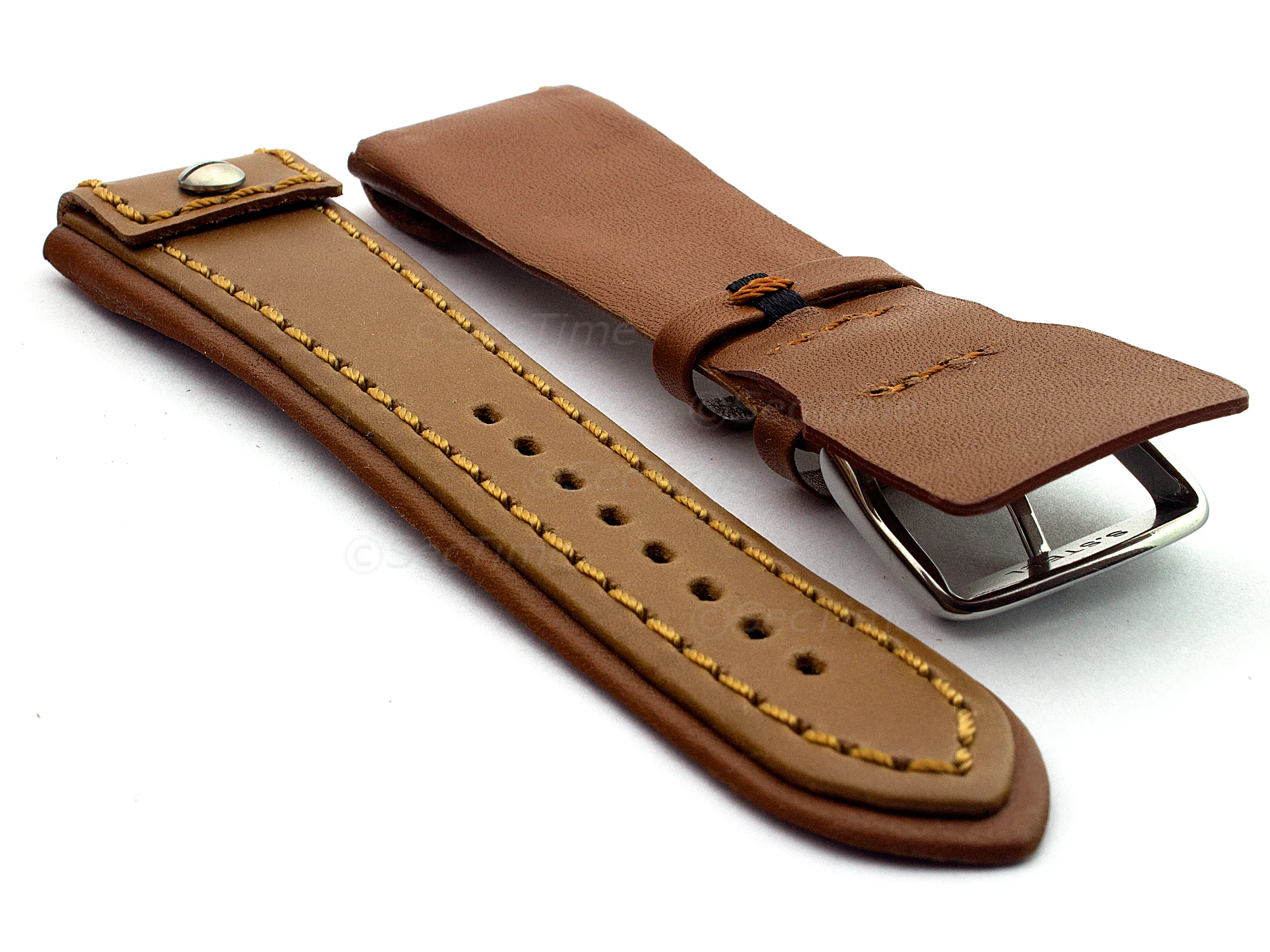 (image for) Military Style Leather Watch Strap, Fixed Lugs with Screw Brown/Brown 22mm (1)
