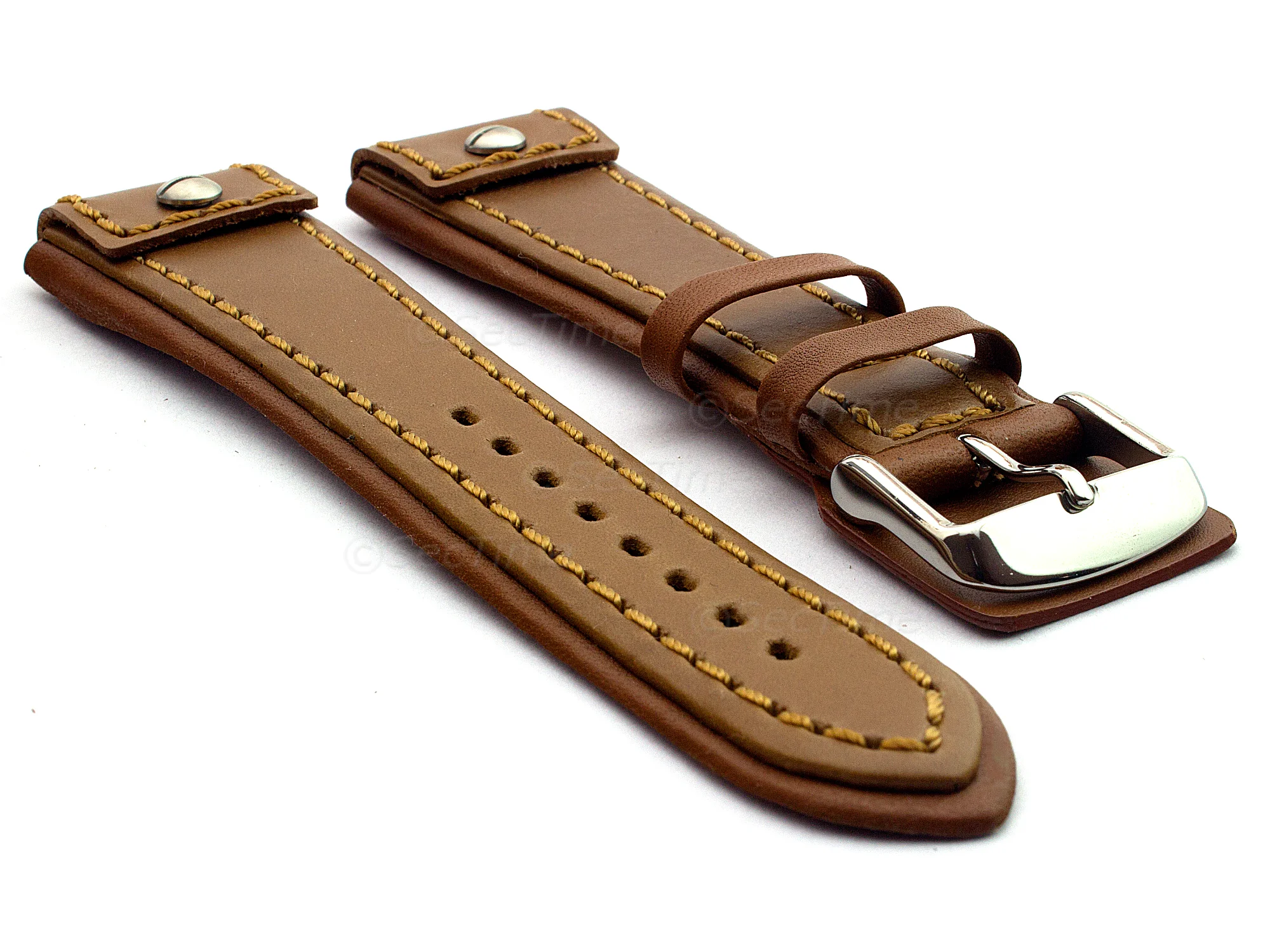 (image for) Military Style Leather Watch Strap, Fixed Lugs with Screw Brown/Brown 22mm