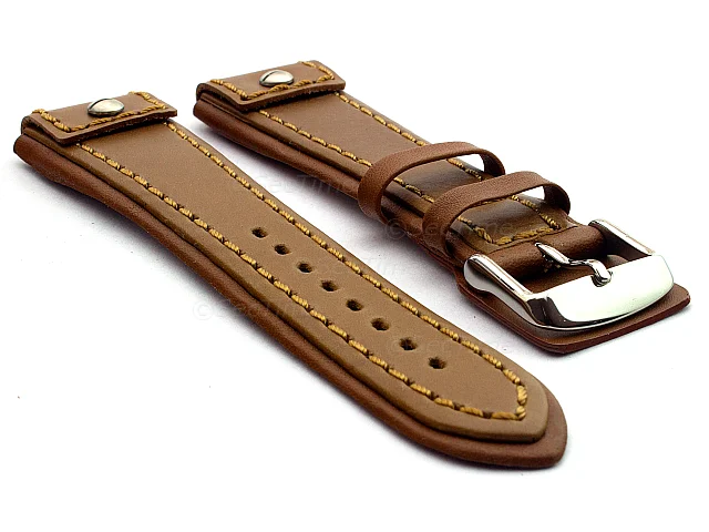 (image for) Military Style Leather Watch Strap, Fixed Lugs with Screw Brown/Brown 22mm
