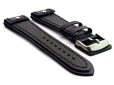 (image for) Military Style Leather Watch Strap, Fixed Lugs with Screw Black(grained) 22mm