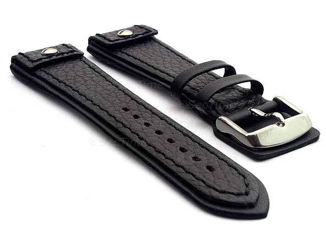 (image for) Military Style Leather Watch Strap, Fixed Lugs with Screw Black(grained) 22mm
