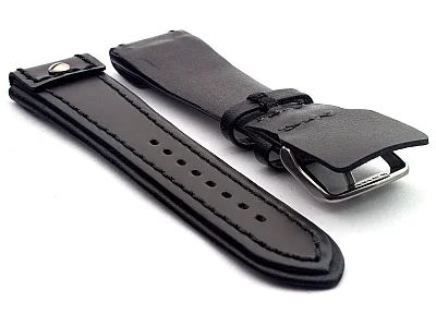 (image for) Military Style Leather Watch Strap, Fixed Lugs with Screw Black/Black 22mm (1)